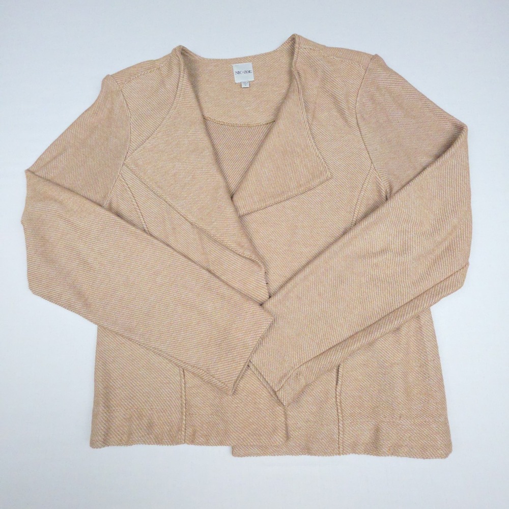 NIC+ZOE Moto Knit Jacket Women Large Tan Textured Cotton Blend Open Front
